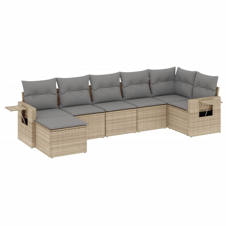 7-delige Loungeset met kussens poly rattan beige