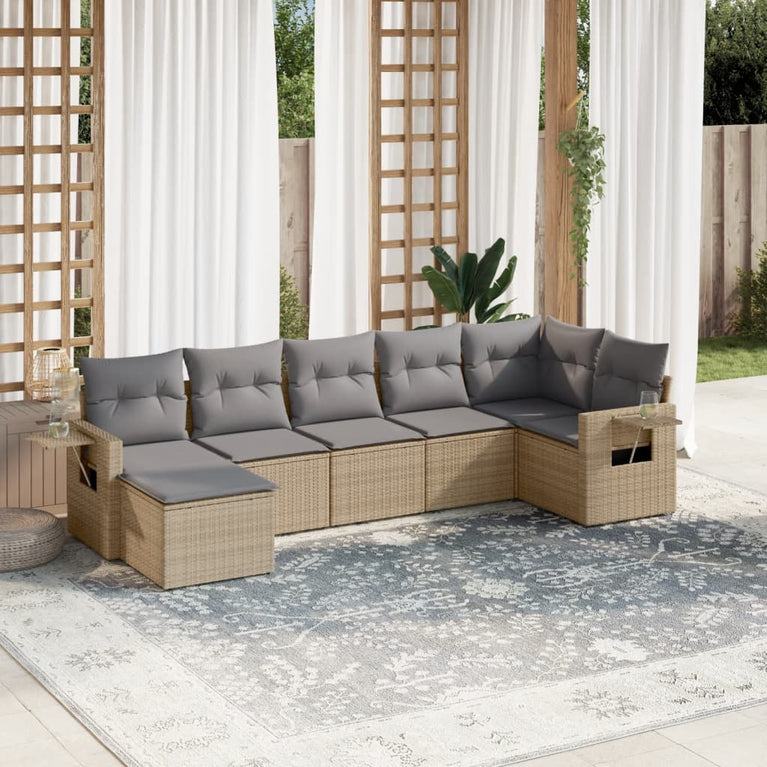 7-delige Loungeset met kussens poly rattan beige