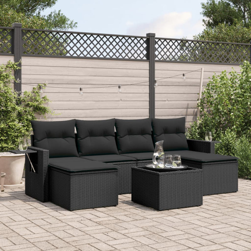 7-delige Loungeset met kussens poly rattan zwart