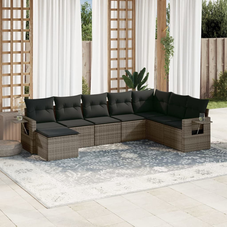 8-delige Loungeset met kussens poly rattan grijs