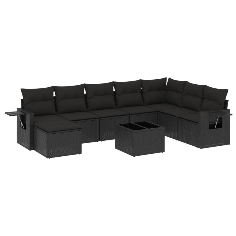 9-delige Loungeset met kussens poly rattan zwart