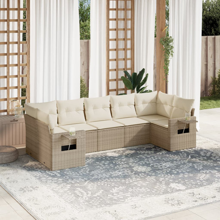 7-delige Loungeset met kussens poly rattan beige