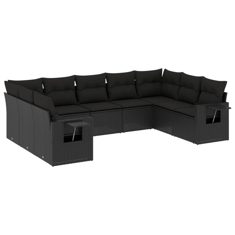 9-delige Loungeset met kussens poly rattan zwart