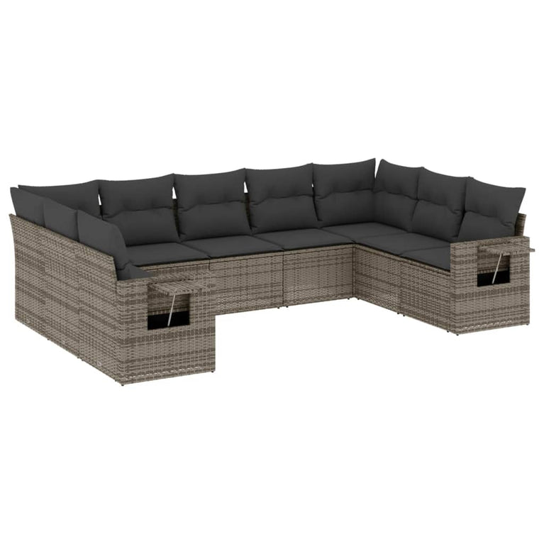 9-delige Loungeset met kussens poly rattan grijs