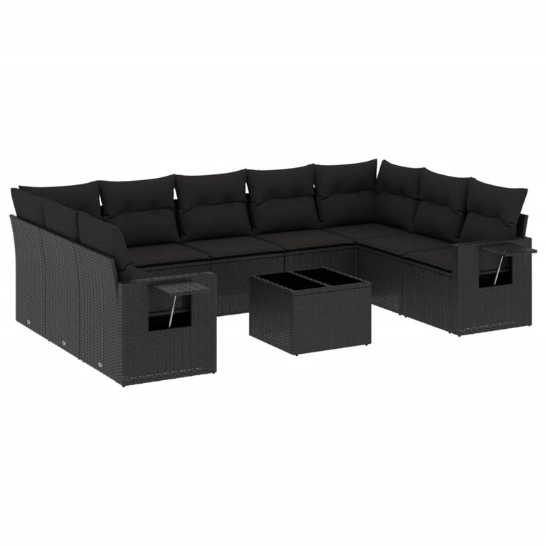 10-delige Loungeset met kussens poly rattan zwart