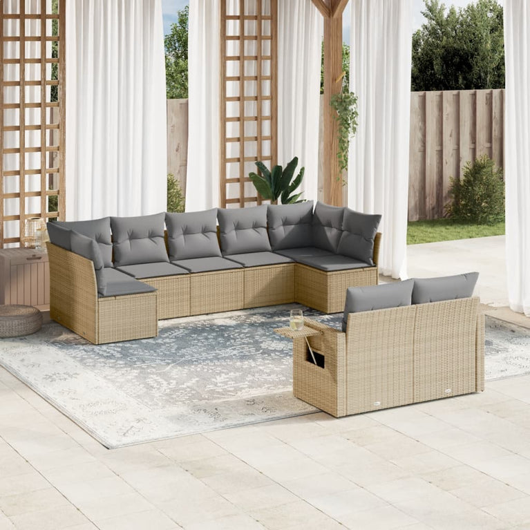 9-delige Loungeset met kussens poly rattan beige