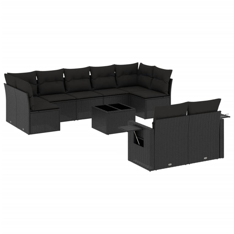 10-delige Loungeset met kussens poly rattan zwart