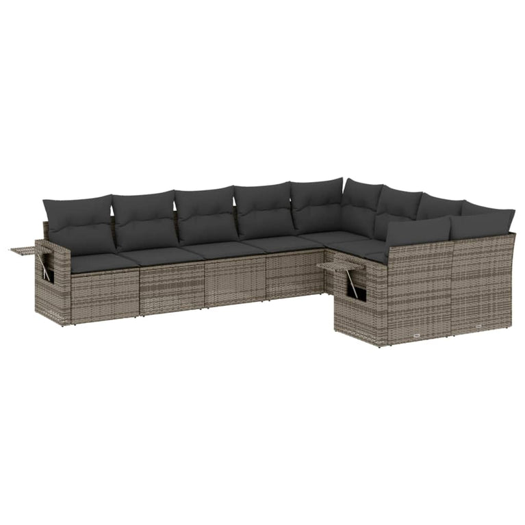 9-delige Loungeset met kussens poly rattan grijs