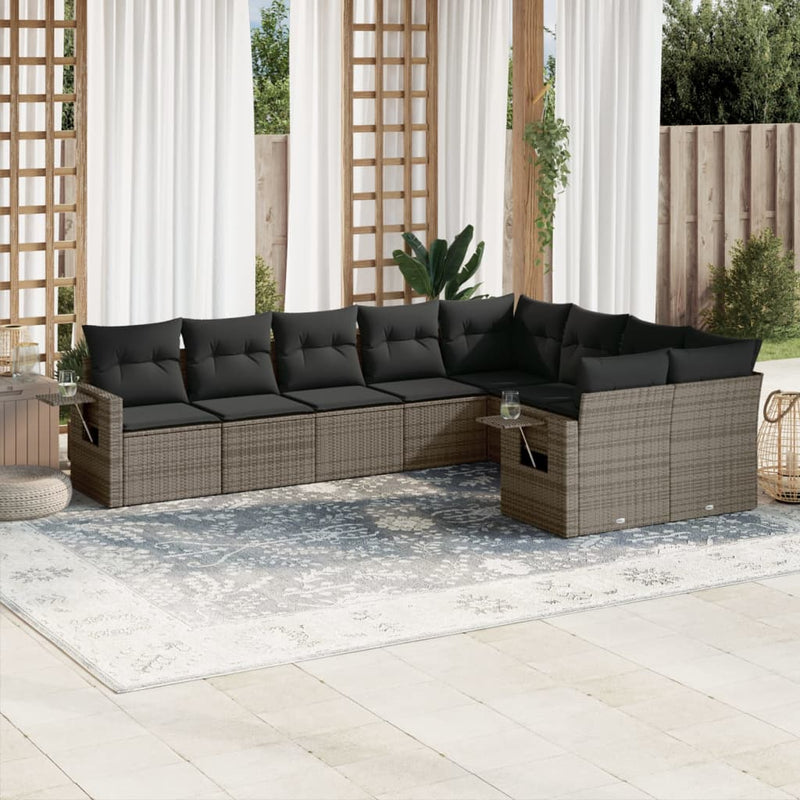 9-delige Loungeset met kussens poly rattan grijs