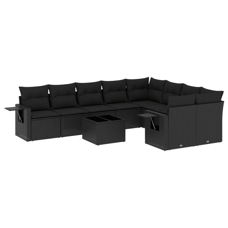 10-delige Loungeset met kussens poly rattan zwart