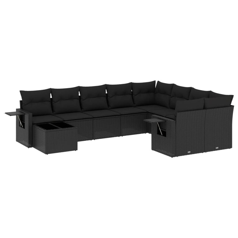 10-delige Loungeset met kussens poly rattan zwart