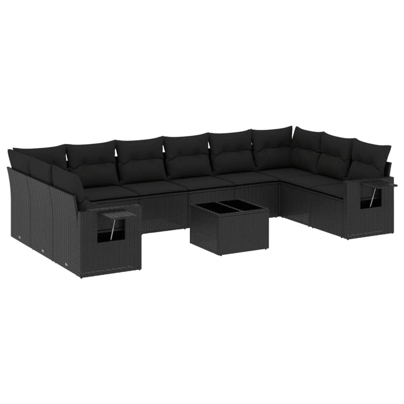 11-delige Loungeset met kussens poly rattan zwart