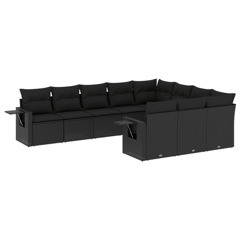 10-delige Loungeset met kussens poly rattan zwart