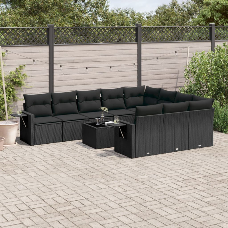 11-delige Loungeset met kussens poly rattan zwart