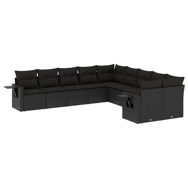 10-delige Loungeset met kussens poly rattan zwart