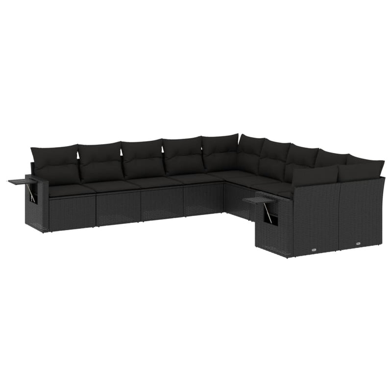 10-delige Loungeset met kussens poly rattan zwart