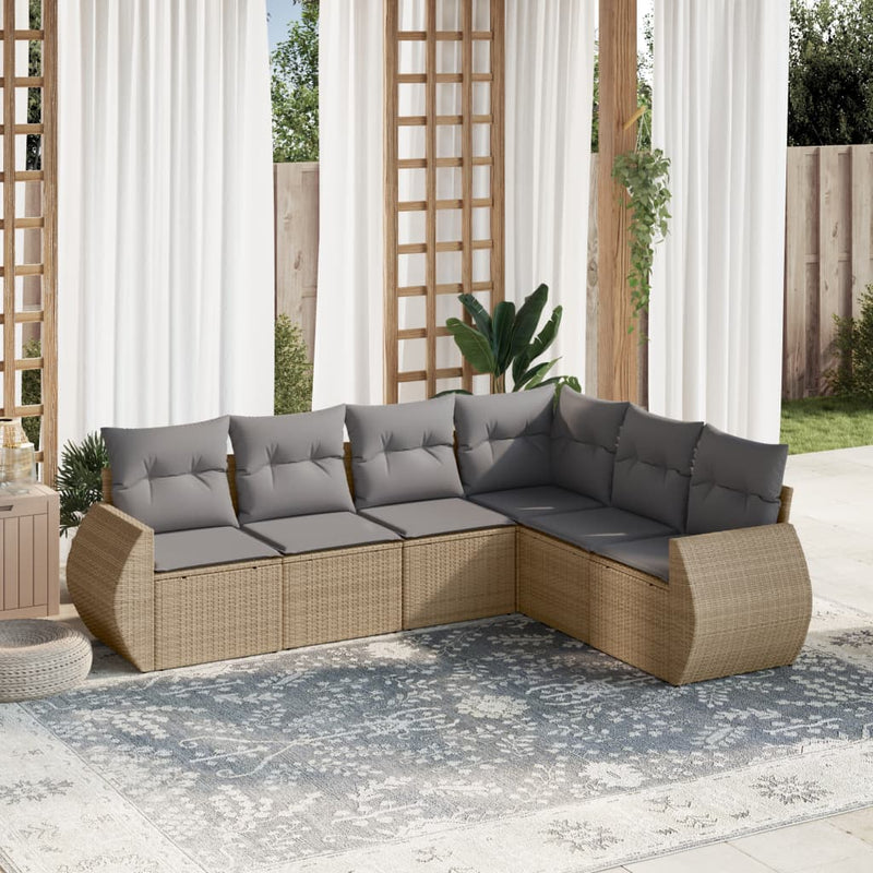 6-delige Loungeset met kussens poly rattan beige