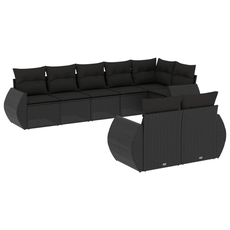 8-delige Loungeset met kussens poly rattan zwart