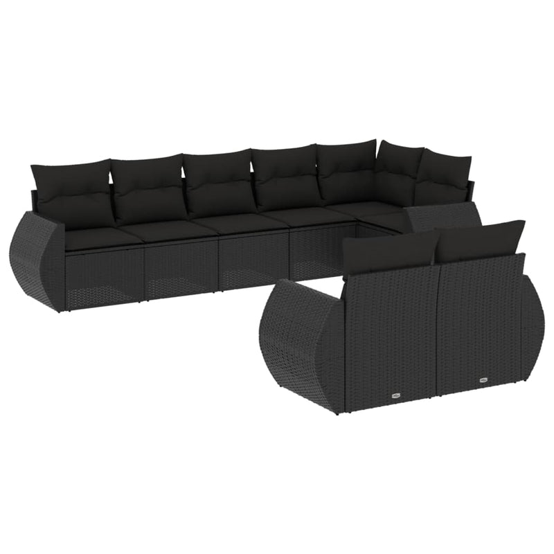 8-delige Loungeset met kussens poly rattan zwart