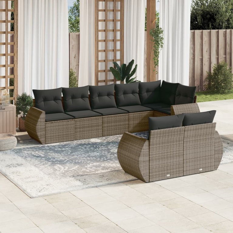 8-delige Loungeset met kussens poly rattan grijs