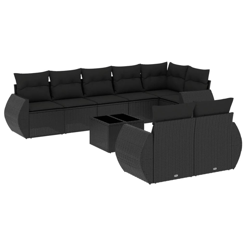 9-delige Loungeset met kussens poly rattan zwart