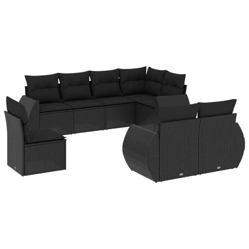 8-delige Loungeset met kussens poly rattan zwart