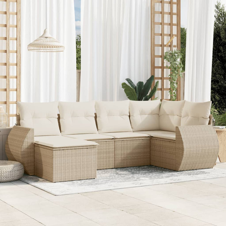 6-delige Loungeset met kussens poly rattan beige