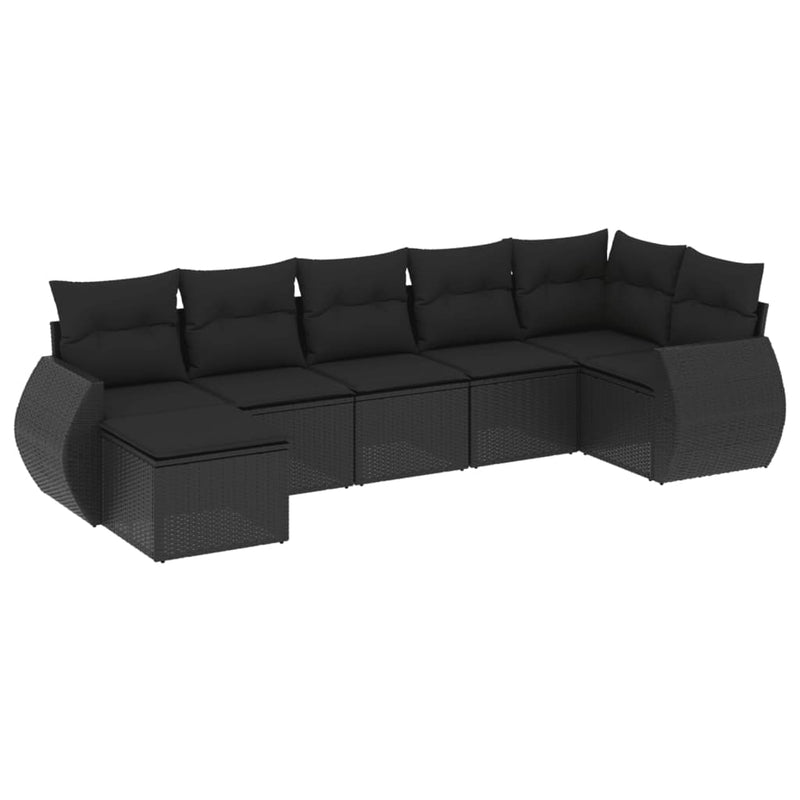 7-delige Loungeset met kussens poly rattan zwart