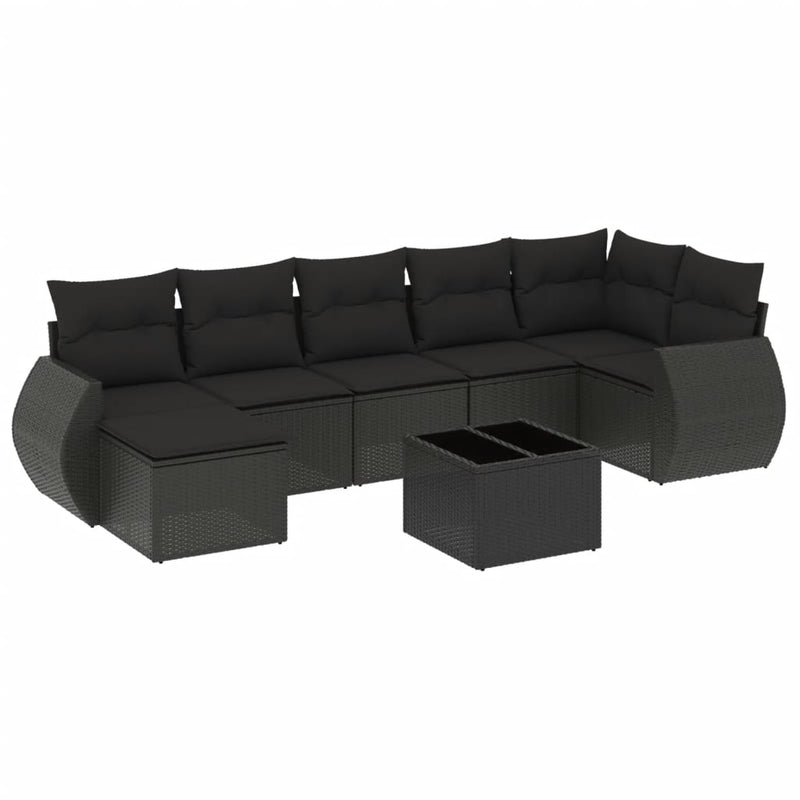 8-delige Loungeset met kussens poly rattan zwart