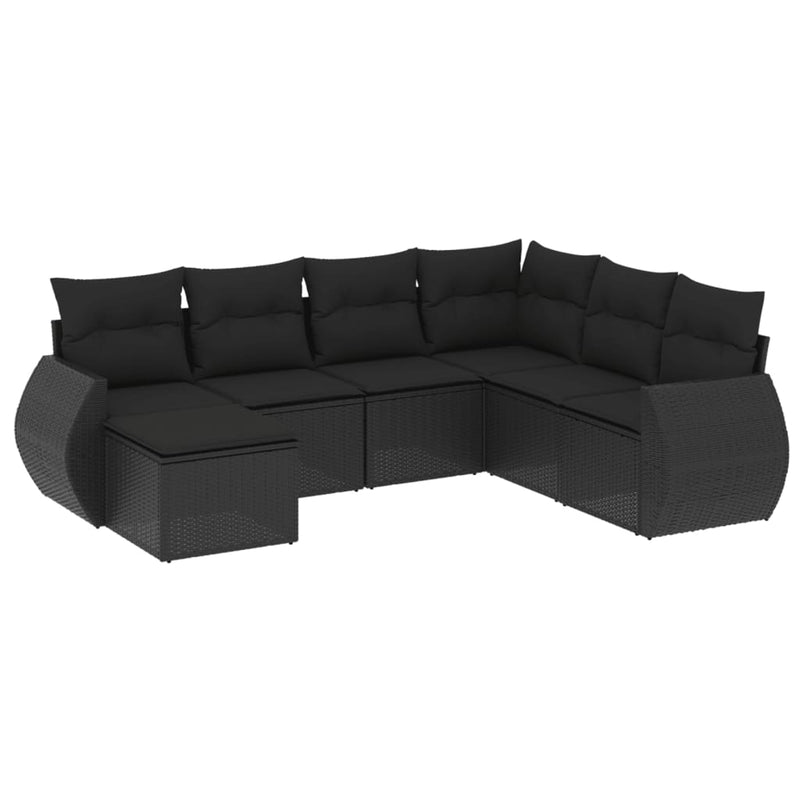 7-delige Loungeset met kussens poly rattan zwart