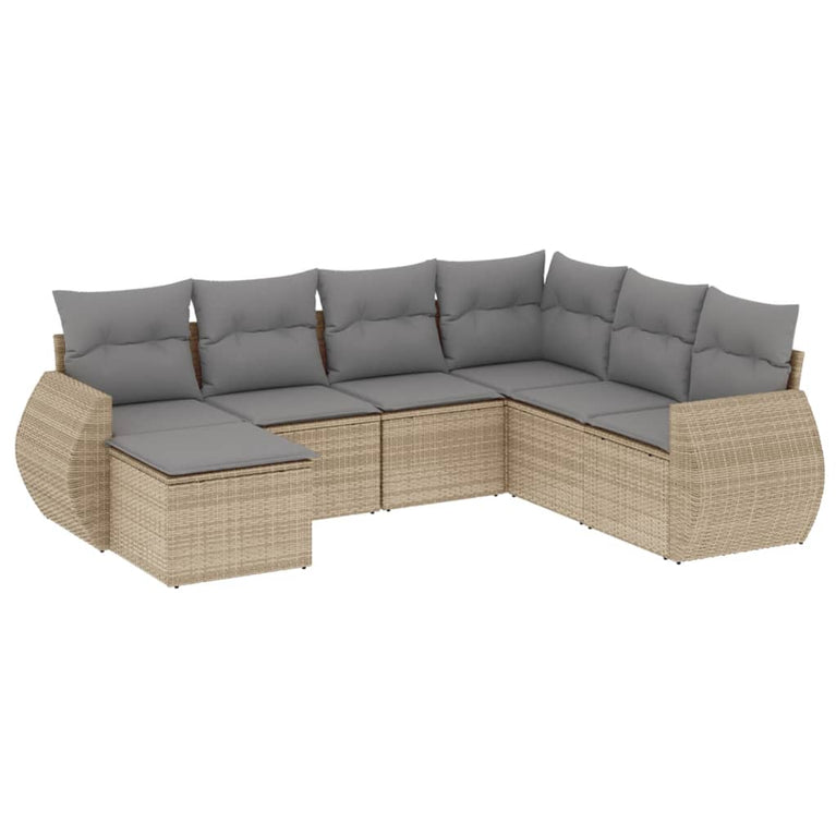 7-delige Loungeset met kussens poly rattan beige