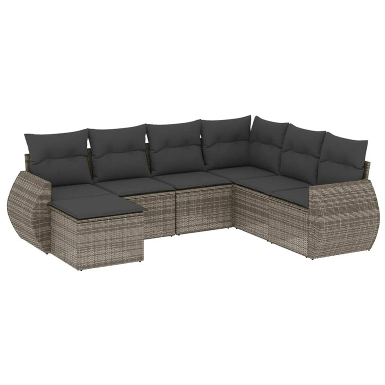 7-delige Loungeset met kussens poly rattan grijs
