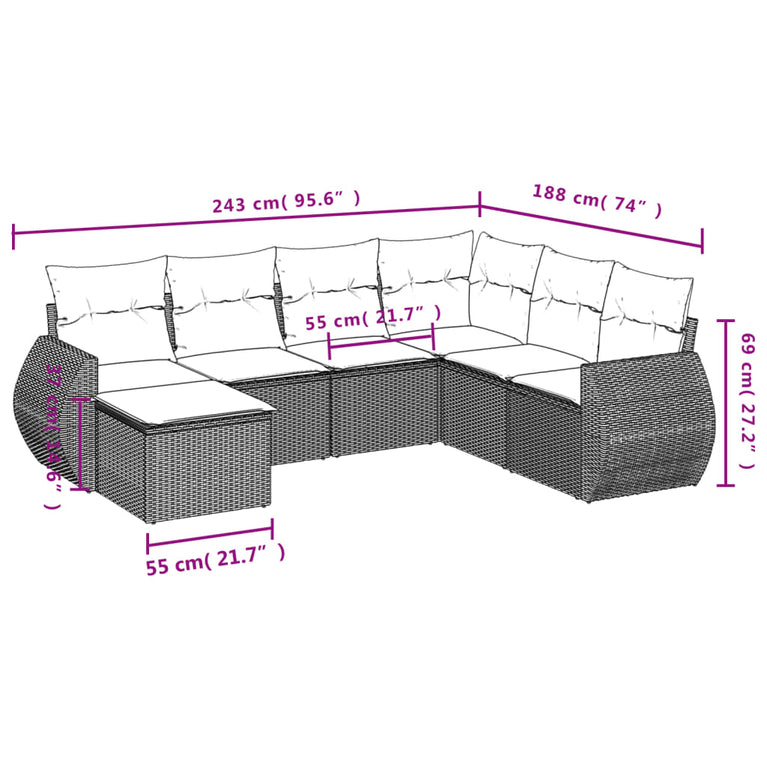 7-delige Loungeset met kussens poly rattan grijs