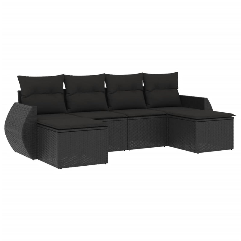 6-delige Loungeset met kussens poly rattan zwart