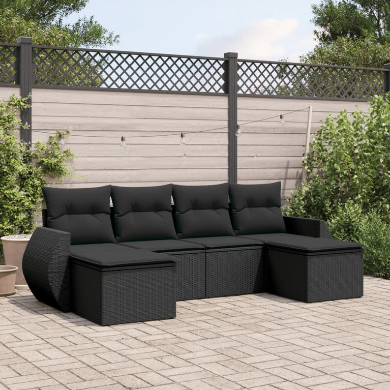 6-delige Loungeset met kussens poly rattan zwart