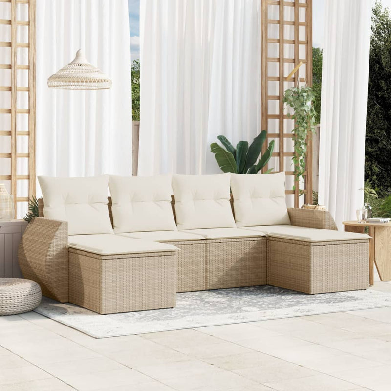 6-delige Loungeset met kussens poly rattan beige