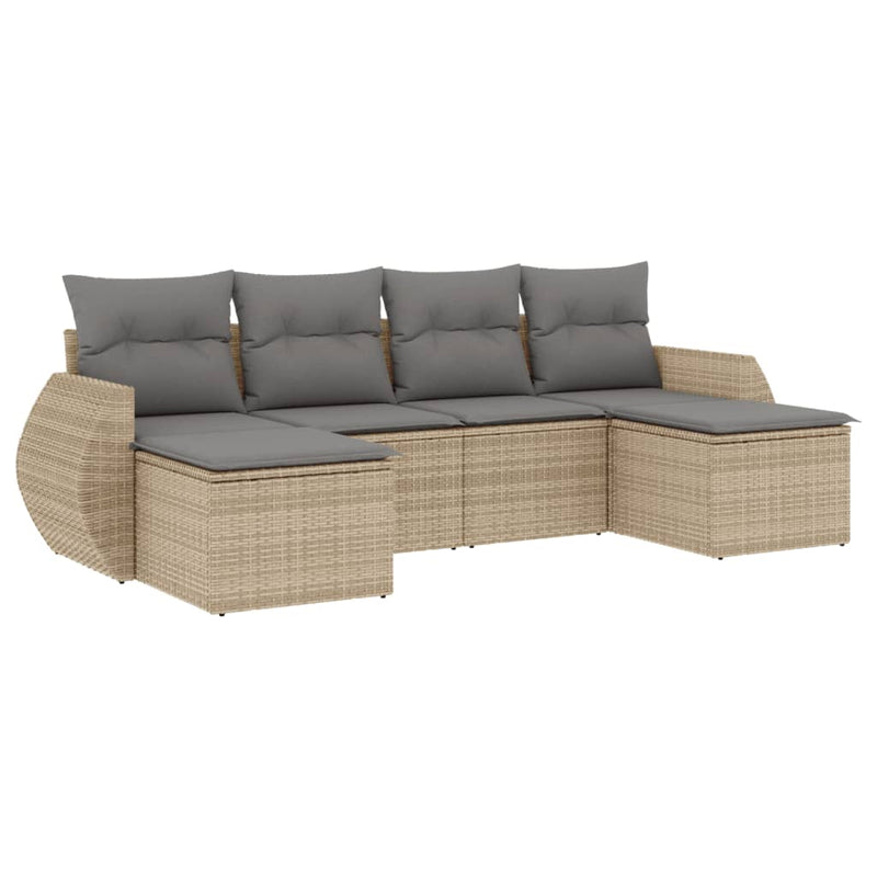 6-delige Loungeset met kussens poly rattan beige