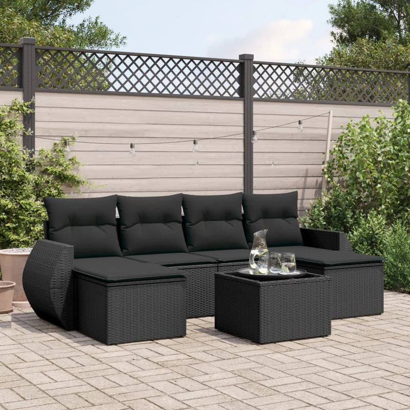 7-delige Loungeset met kussens poly rattan zwart