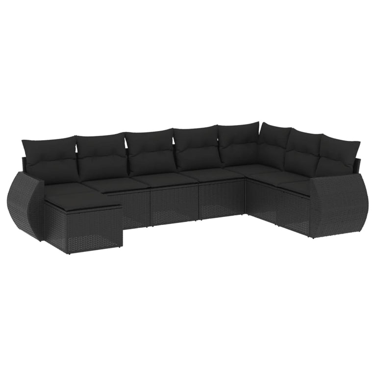 8-delige Loungeset met kussens poly rattan zwart