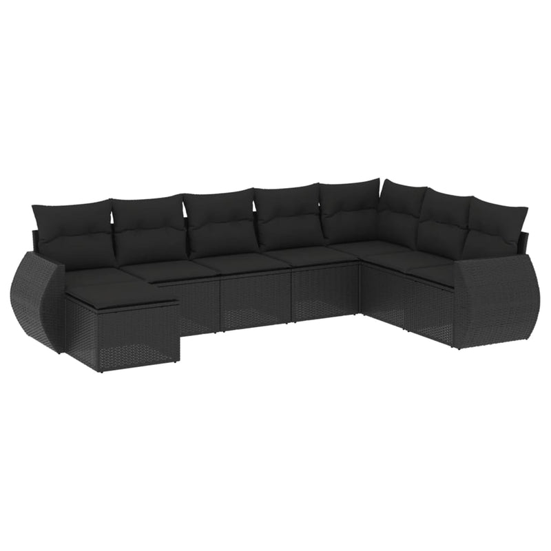 8-delige Loungeset met kussens poly rattan zwart