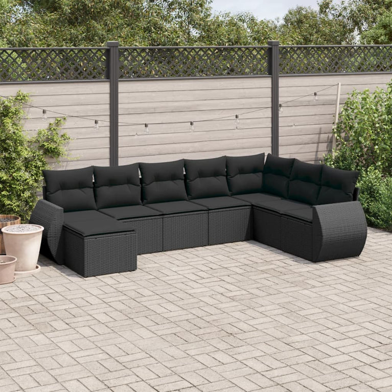 8-delige Loungeset met kussens poly rattan zwart