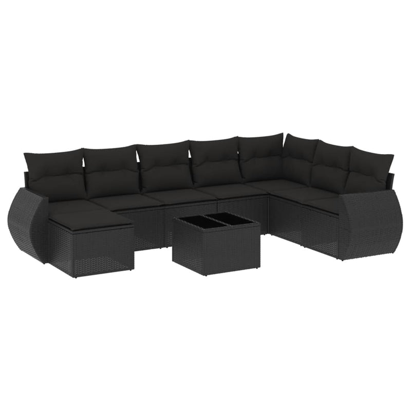 9-delige Loungeset met kussens poly rattan zwart