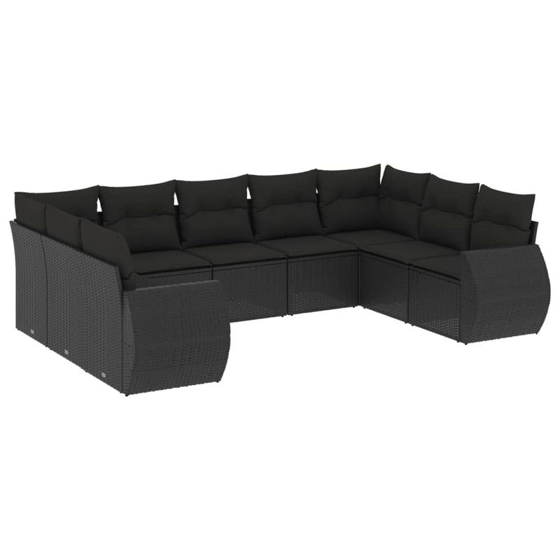 9-delige Loungeset met kussens poly rattan zwart