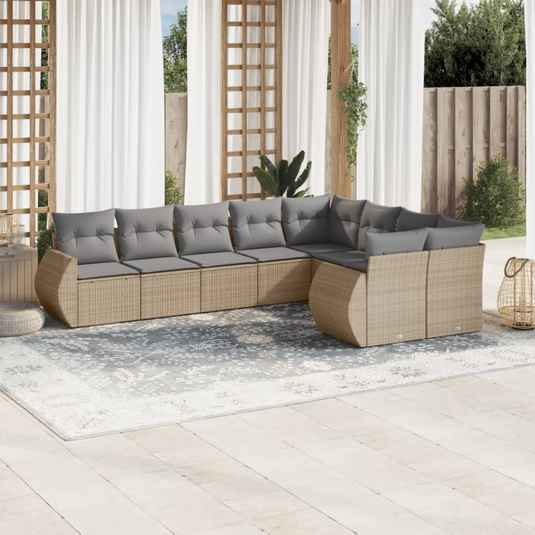 9-delige Loungeset met kussens poly rattan beige