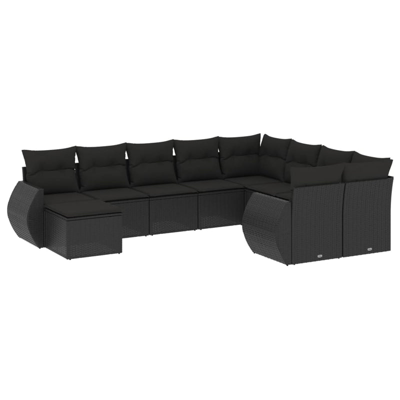 10-delige Loungeset met kussens poly rattan zwart