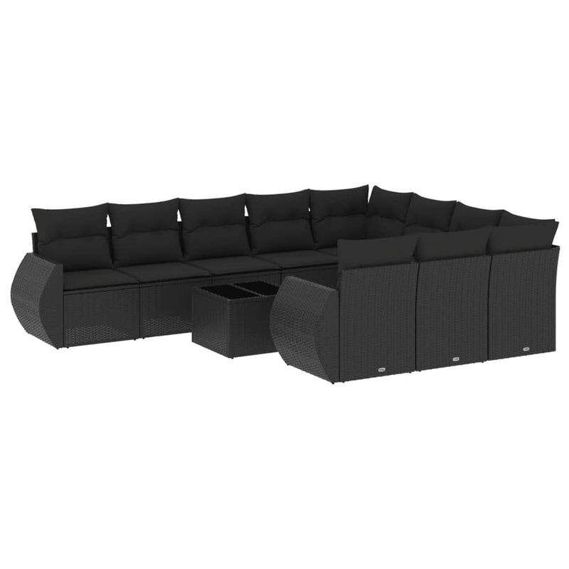 11-delige Loungeset met kussens poly rattan zwart