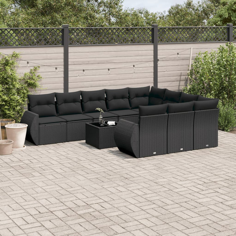 11-delige Loungeset met kussens poly rattan zwart