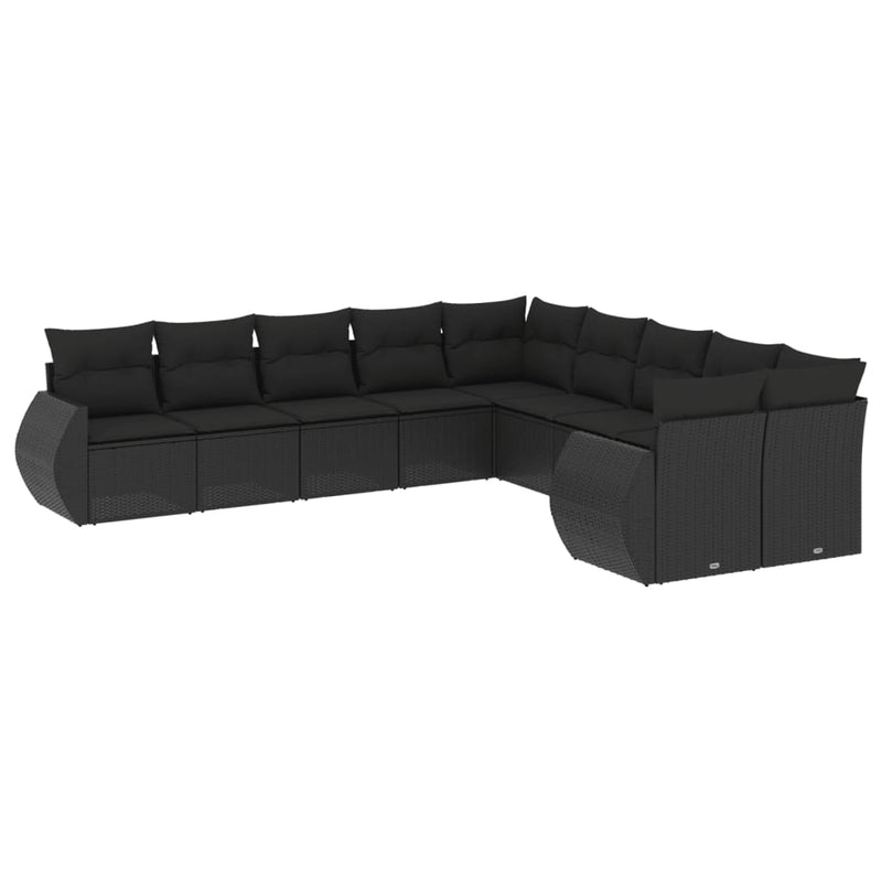 10-delige Loungeset met kussens poly rattan zwart