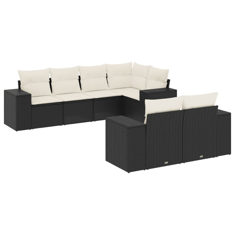 7-delige Loungeset met kussens poly rattan zwart