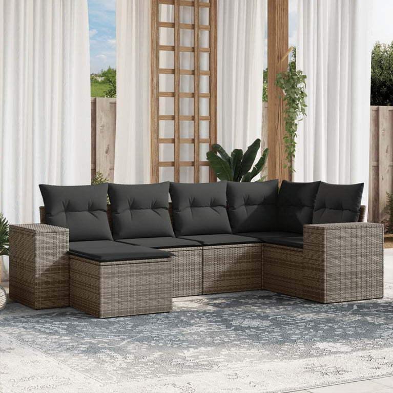 6-delige Loungeset met kussens poly rattan grijs